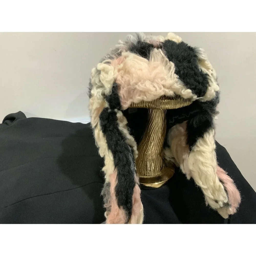 ICING Faux Fur Trapper Hat Ear Flaps Pompoms Black Cream Pink Gray